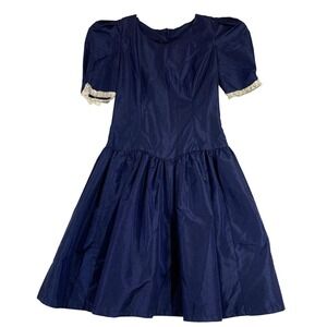 VTG‎ Navy Blue Dress Lace Trim Short Sleeve Fit Flare Party Cocktail